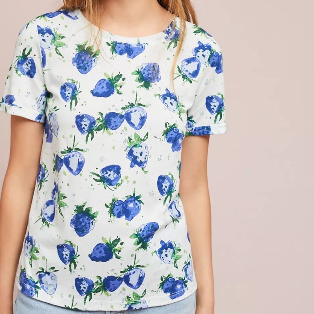 Maeve For Anthropologie Blue Strawberry Field Tee sz small